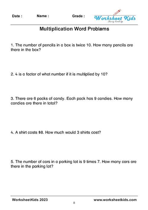 Multiplication Word Problems Worksheet Number Twenty for Third Grade Math Practice Third grade students solving multiplication word problems on a math practice worksheet number twenty