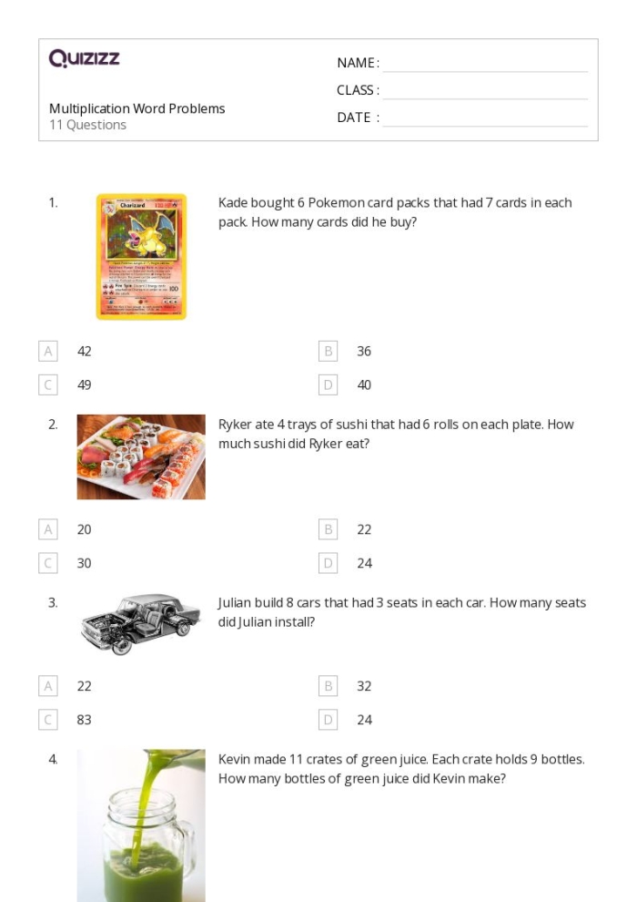 Multiplication Word Problems Worksheet (Part One) for Grade 3 Worksheet featuring multiplication word problems for third graders