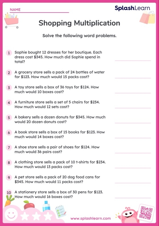 Multiplication word problems worksheet for third graders featuring money-related scenarios