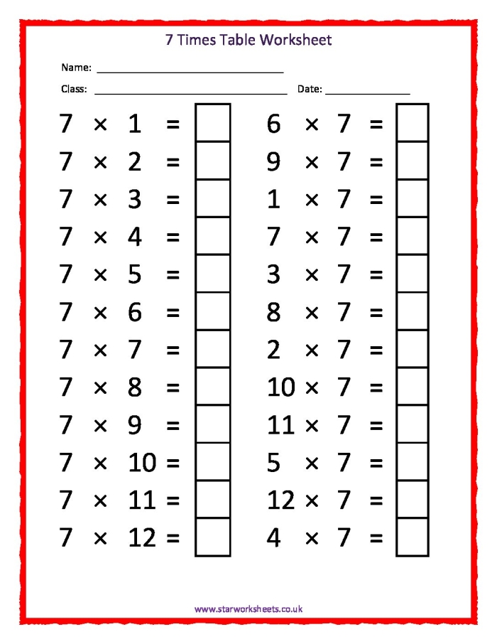 Times Tables: 7s Practice Worksheet for Kids Worksheet for practicing multiplication by sevens for third graders