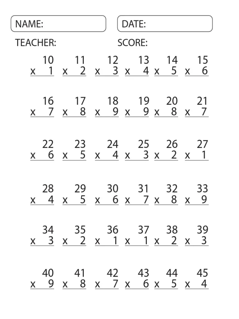 Multiplication Practice Worksheet 2-Digit by 1-Digit Problems for Grade 3 Third grade math worksheet featuring 2-digit by 1-digit multiplication problems with regrouping