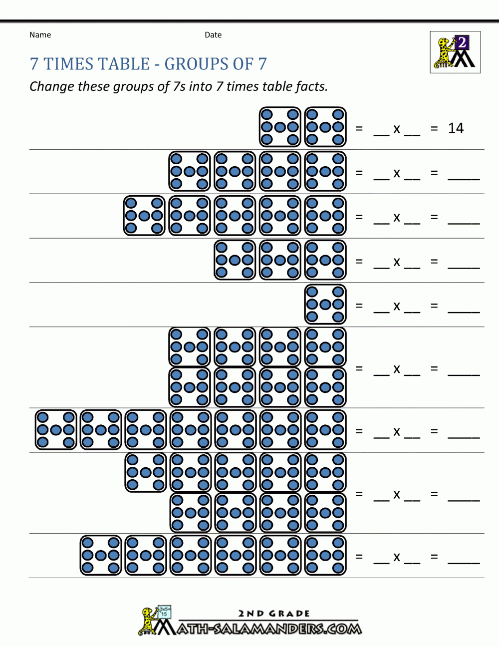 Third grade students working on a multiplying by seven worksheet, solving equations and filling a multiplication chart. Illustration of kids engaged in math activities focused on multiplying by the number 7.