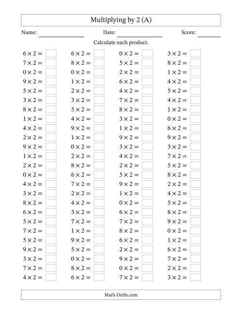 Third grade student using a pencil to solve multiplying by two math equations on a worksheet