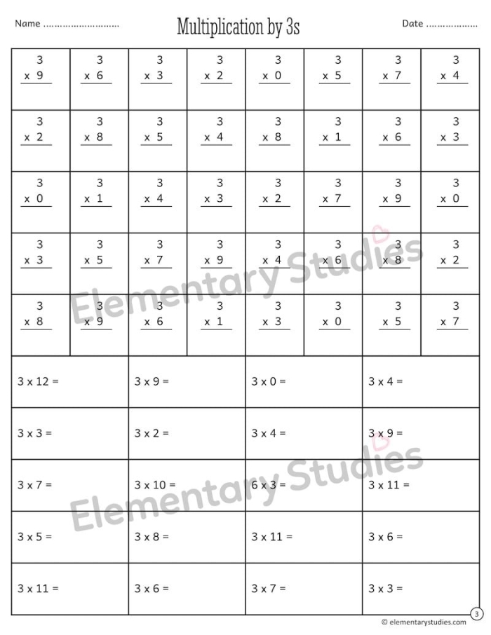 Third grade student completing a multiplication facts check-up worksheet with factors up to ten