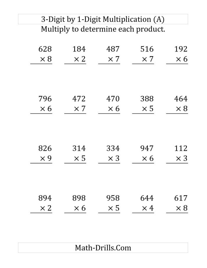 Third grade multiplication worksheet featuring 2-digit times 1-digit problems for kids Children practicing 2-digit by 1-digit multiplication with regrouping on a third grade worksheet