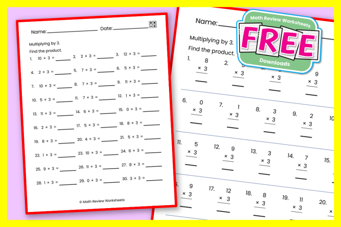 Third grade student filling out a math worksheet featuring multiplication by three equations and a blank number chart