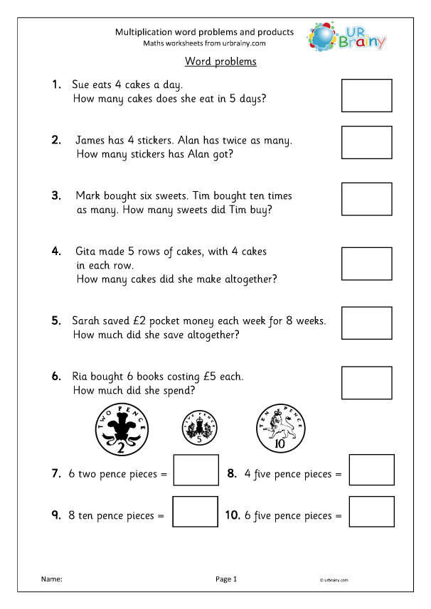 Third grade student solving multiplication word problems on a worksheet