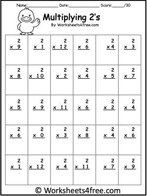 Third grade students working on a multiplying by two math worksheet, solving equations and filling in a chart. Engaging worksheet for practicing multiplication with the number 2.