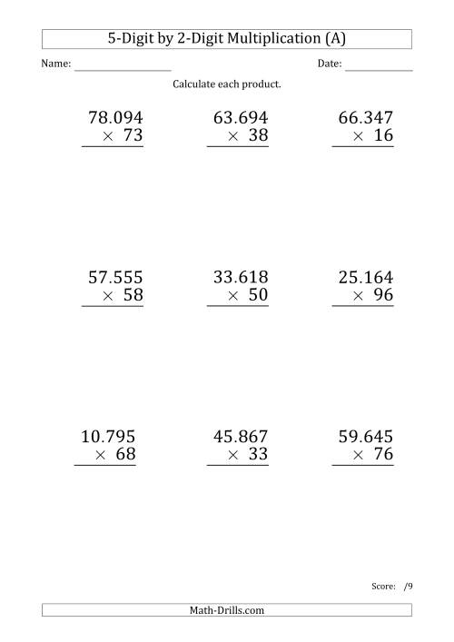 Third grade students working on a multiplying by five worksheet, solving equations and filling in a multiplication chart. Educational image of a math worksheet focused on multiplication by the number 5 for third grade learners.
