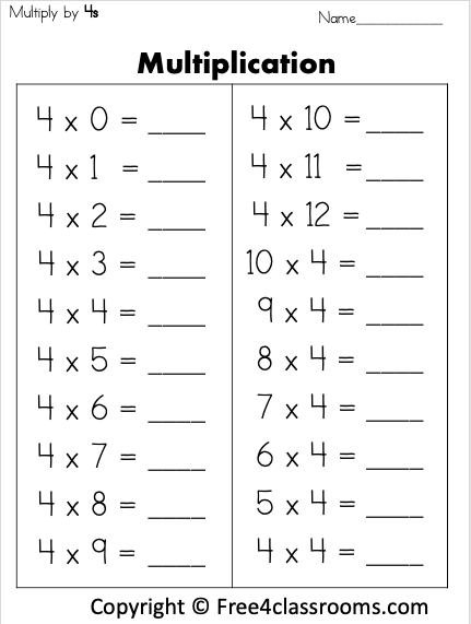 Times Tables 4s Practice Worksheet for Third Grade Math Level 2 Third grade student completing a math worksheet focused on multiplying by four