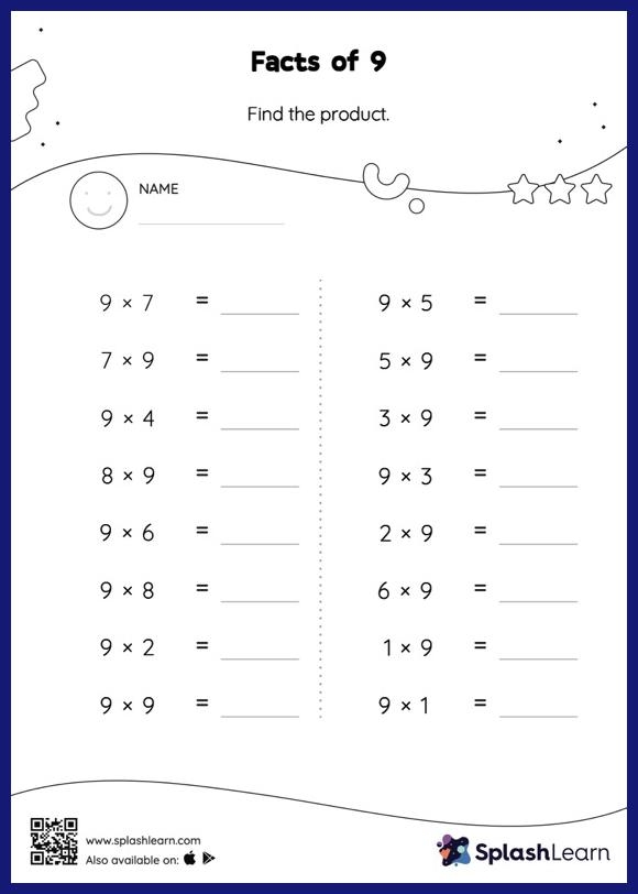 Third grade math worksheet for practicing multiplication facts of nine