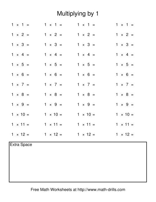 Multiplying by One Practice Sheet for Elementary Math Students Third grade students solving multiplication equations by multiplying numbers by 1 on a math worksheet