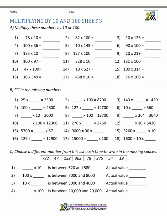 Multiplying by Ten Practice Worksheet for Grade 3 Math Students Third grade math worksheet showing multiplication equations by 10 and a completed multiplication chart for practicing times ten facts