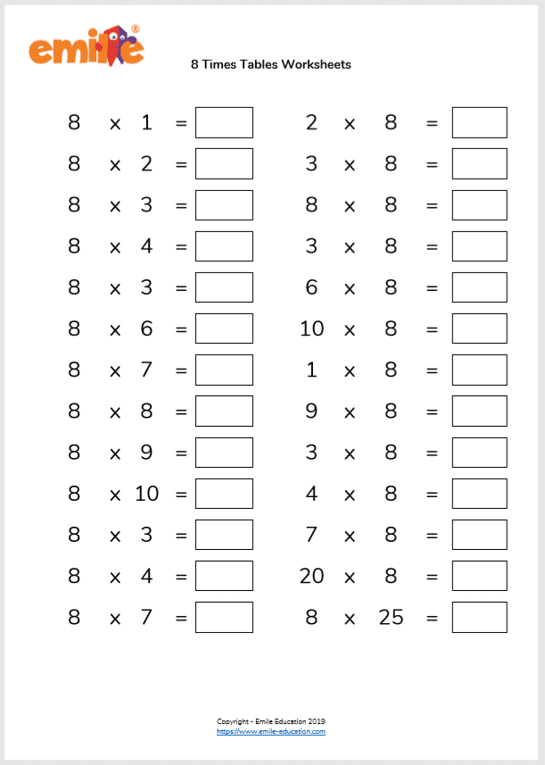 Third grade student practicing multiplication by eight using a worksheet with equations and a grid