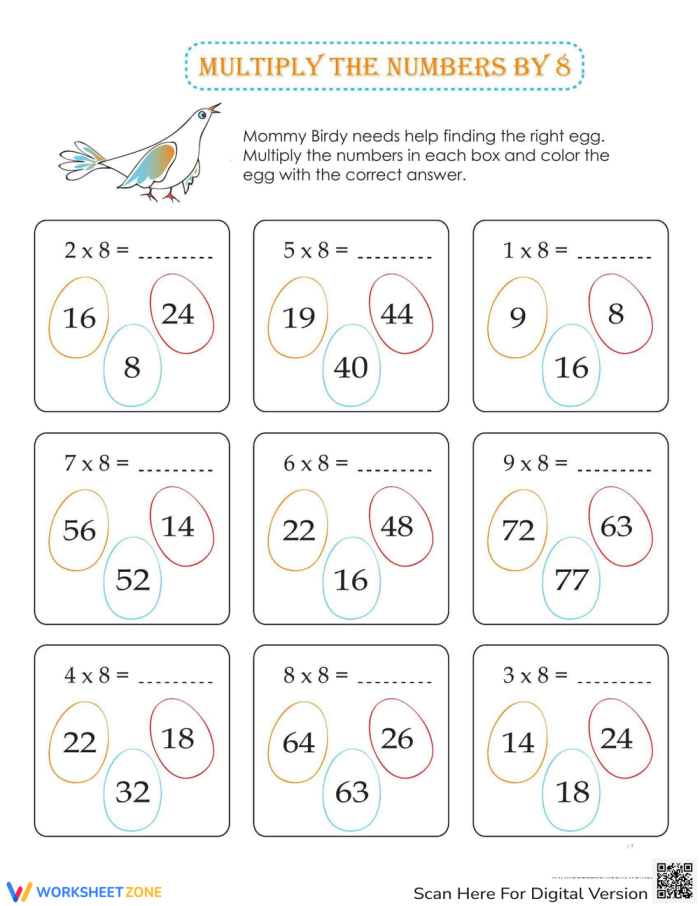 Students working on a third grade worksheet focused on multiplying by eight and filling out a multiplication chart. Engaging third grade math worksheet for practicing multiplication with the number 8.