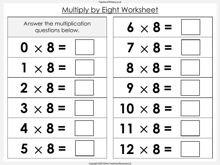 Students working on a third grade math worksheet focused on multiplying by 8 and completing a multiplication chart. Engaging third grade worksheet for practicing multiplication with the number 8.