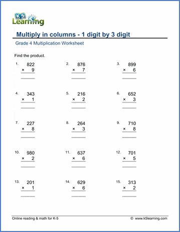 Third grade student working on a Multiplying by Four worksheet including a multiplication table