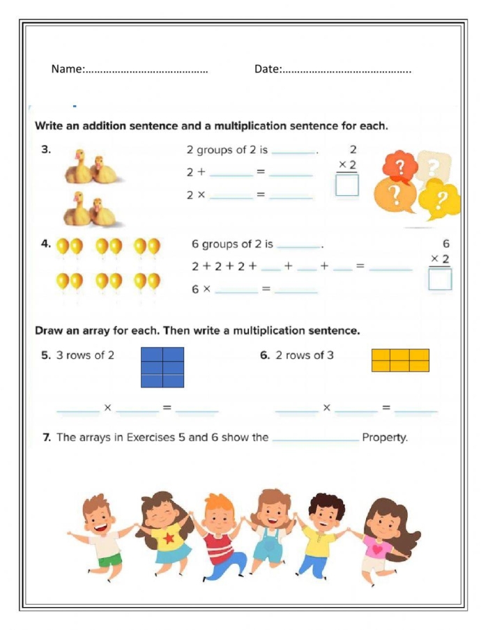 Fun math worksheet designed for practicing multiplication by two Multiplying by two worksheet for third graders with engaging visuals