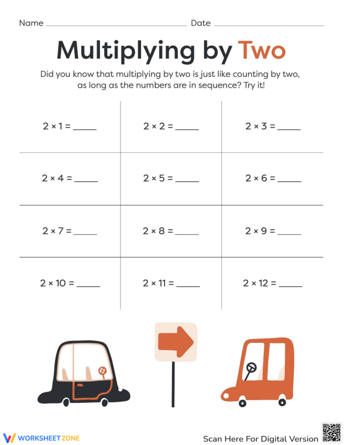 Engaging math practice sheet focused on multiplying by two for learners Multiplying by two worksheet for third grade students to enhance their math skills