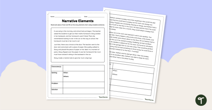 Complete the Table: Narrative Elements worksheet for grade three students Worksheet illustrating the narrative elements for third graders to complete the table exercise