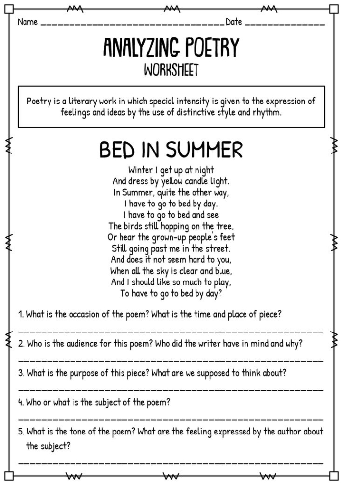Third grade student writing and learning narrative poetry with guided examples on an educational worksheet