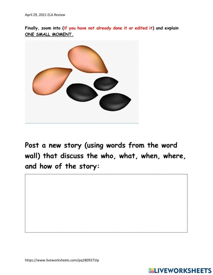 A third grade student writing their own narrative poem with guided examples on a worksheet