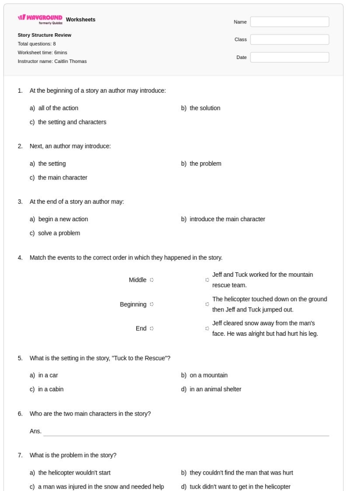 Sort the Story Elements worksheet for third grade students