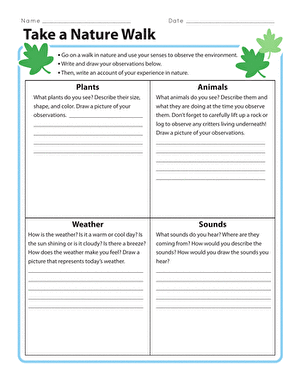 Worksheet for third graders featuring prompts for a nature walk, focusing on observations of plants and animals