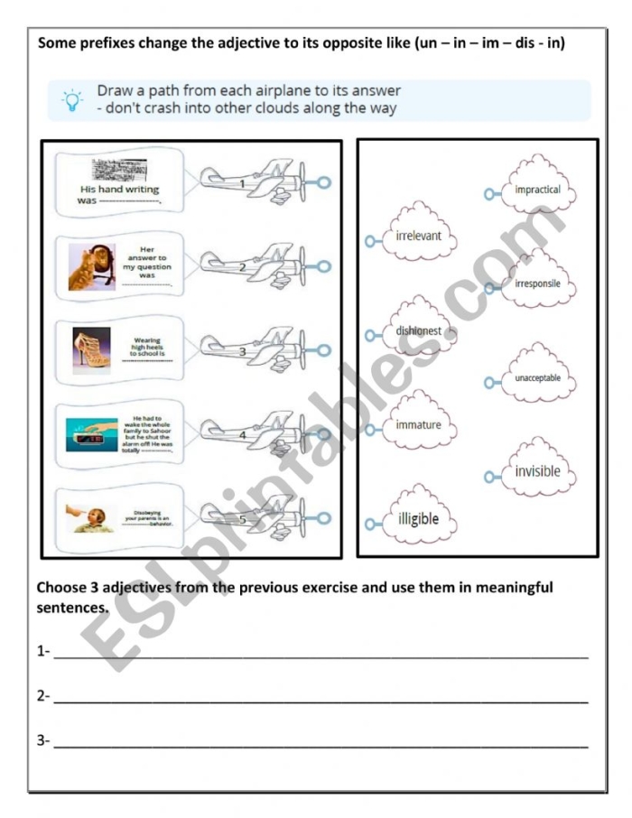 Prefixes Negative Nancy Reading and Writing Practice for Grade 3 Image 17 Third grade student worksheet showing prefix exercises with sentences about Negative Nancy and word completion activities