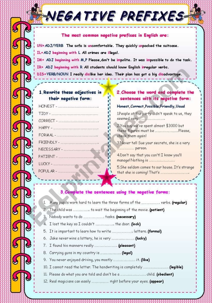 Prefixes worksheet activity showing children adding negative prefix words to finish story sentences Third grade students writing prefixes un-, re-, dis-, and mis- to complete sentences about a character named Negative Nancy