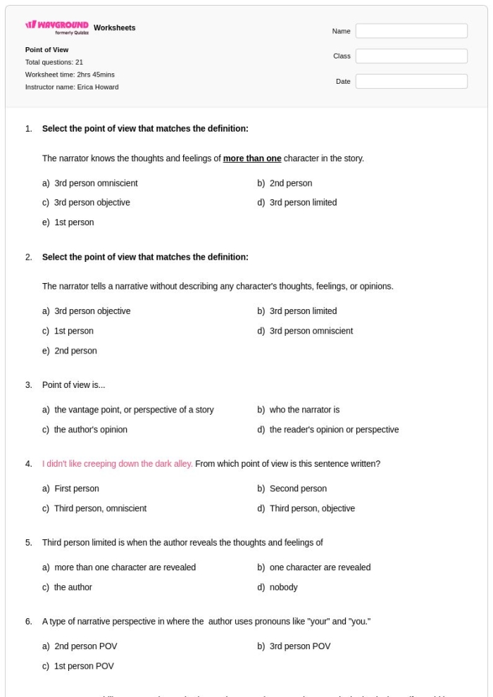 Reading worksheet for Third Grade Worksheet for third graders exploring the point of view of a character who is the new kid. Point of View: Being the New Kid worksheet for reading practice.