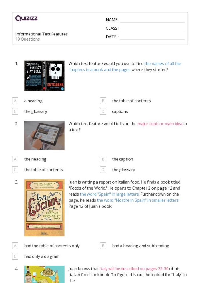 Worksheet for third graders focusing on text features and comprehension skills in nonfiction reading
