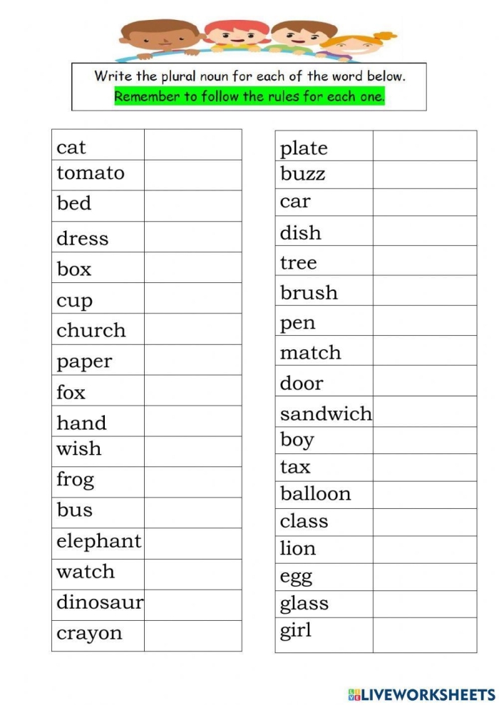 Worksheet featuring children practicing singular and plural nouns for third graders