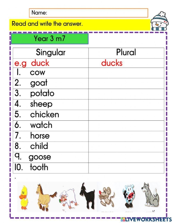 Worksheet featuring a colorful illustration of singular and plural nouns for third graders