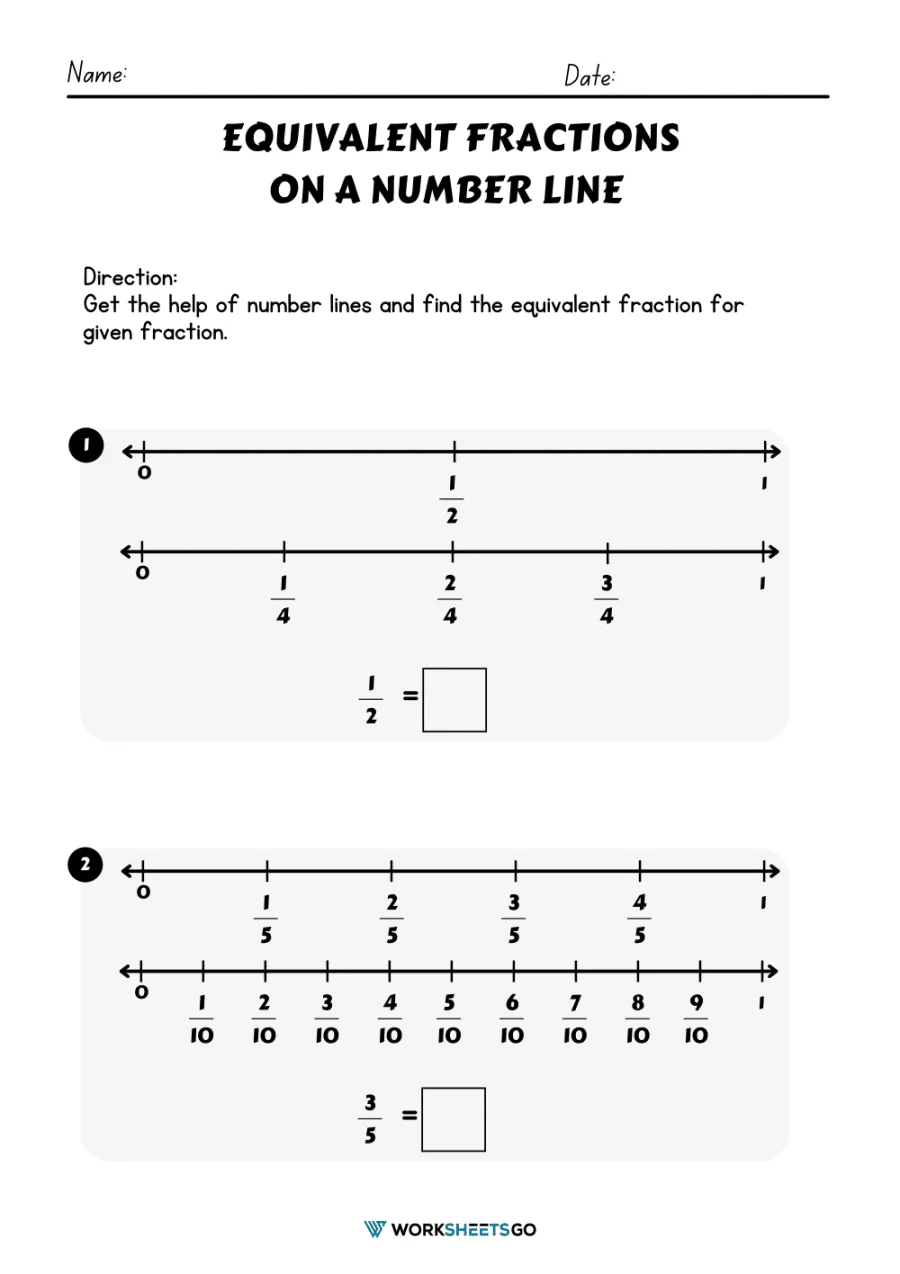Equivalent Fractions on Number Lines Worksheet for Grade 3 Worksheet for identifying equivalent fractions using number lines for third graders