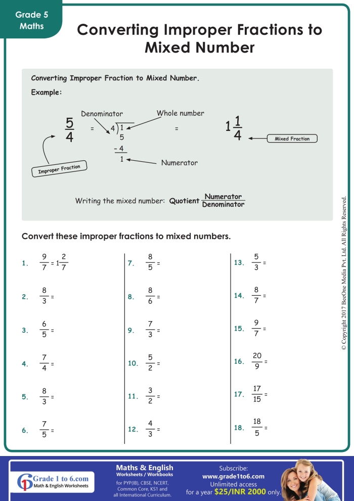 Worksheet illustrating the addition of mixed numbers and improper fractions on a number line for third graders