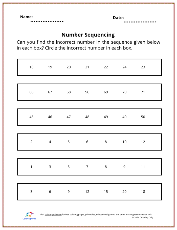 Third grade math worksheet showing number sequences with missing numbers for students to solve using logic and number sense