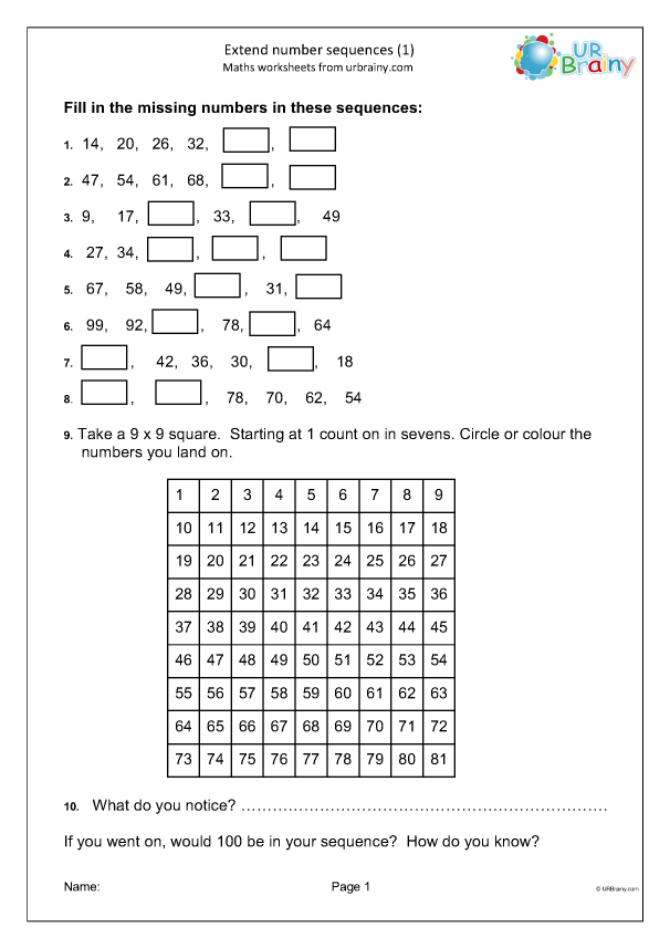 Third grade worksheet featuring eighteen number sequence puzzles for students to solve