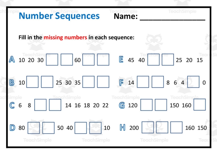 Third grade students complete 18 missing number patterns on this printable math worksheet