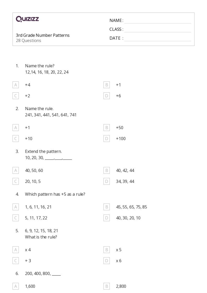 Follow the Rules: Number Patterns worksheet for grade 3 students Worksheet for third graders focusing on number patterns and problem solving skills