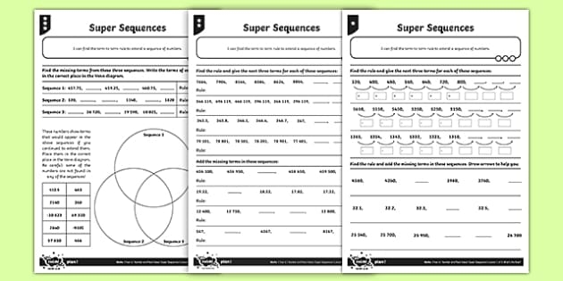 Third grade number sequences worksheet featuring eighteen logic problems to find missing values