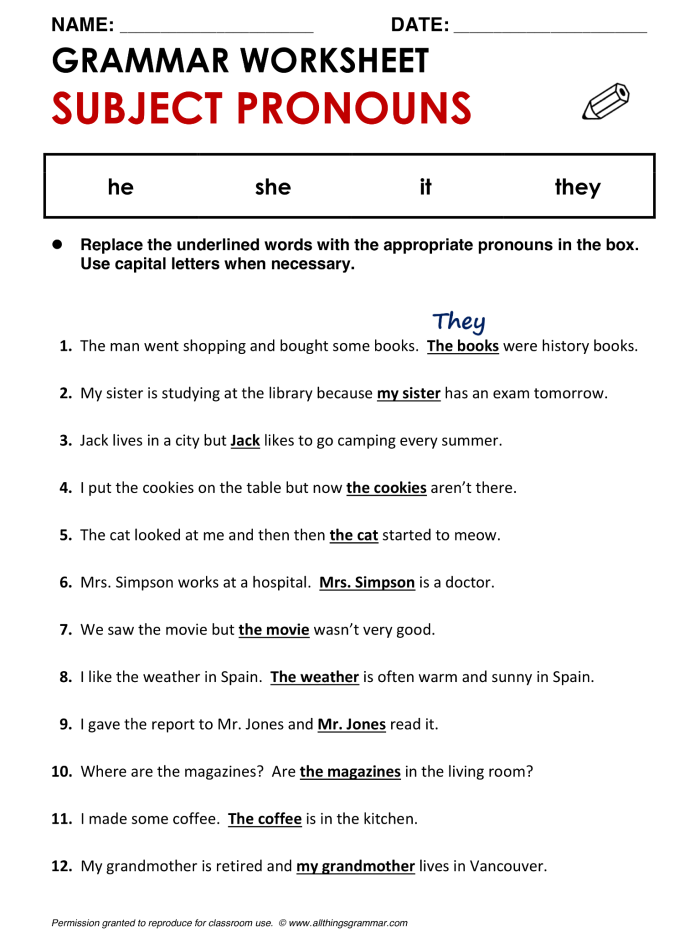 Third grade grammar worksheet focusing on replacing nouns with object pronouns