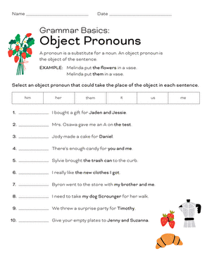 Third grade worksheet for identifying and replacing objects with the correct pronouns