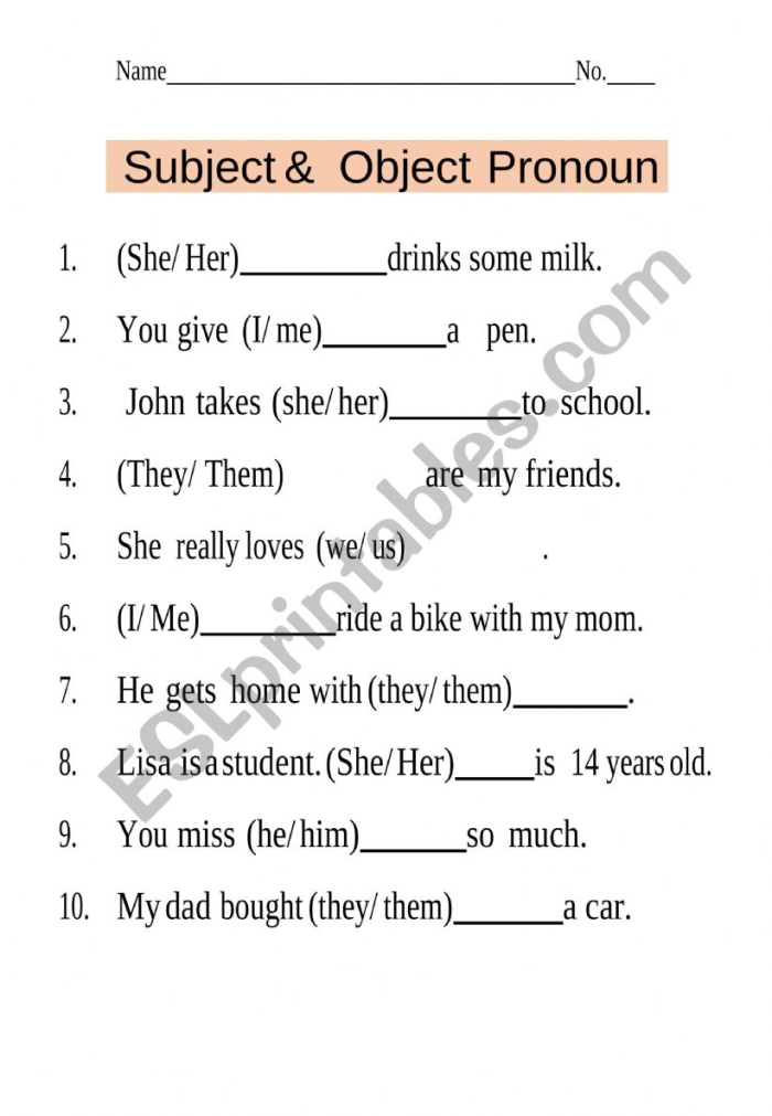 Third grade student practicing grammar basics by replacing object nouns with correct pronouns on a worksheet