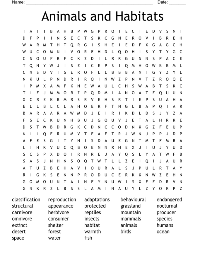 Habitats Word Search Ocean Animals Worksheet for Elementary Science Learning Third grade students completing an ocean animals word search puzzle worksheet with sea creatures hidden in a grid of letters