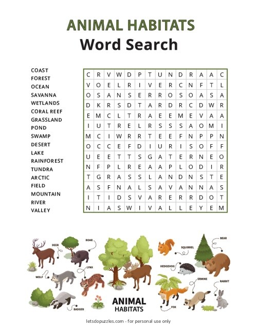 Ocean Animals Word Search Activity for Elementary Life Science Blue whale, squid, and shark word search puzzle for third grade ocean animals habitat worksheet