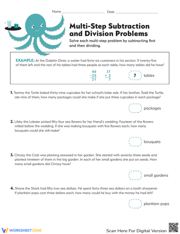 Ocean Adventure: Multi-Step Subtraction and Division Practice for Elementary Learners Third grade students solving ocean-themed multi-step word problems using subtraction and division strategies