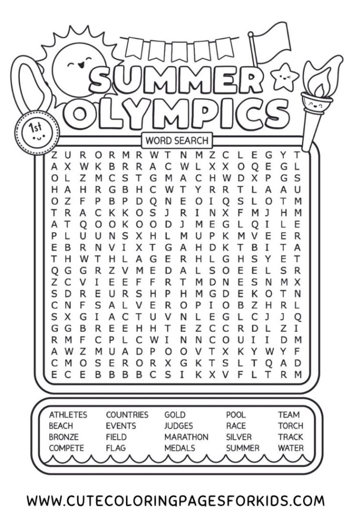Third grade Olympic Word Search worksheet featuring little athletes and Olympic-themed words
