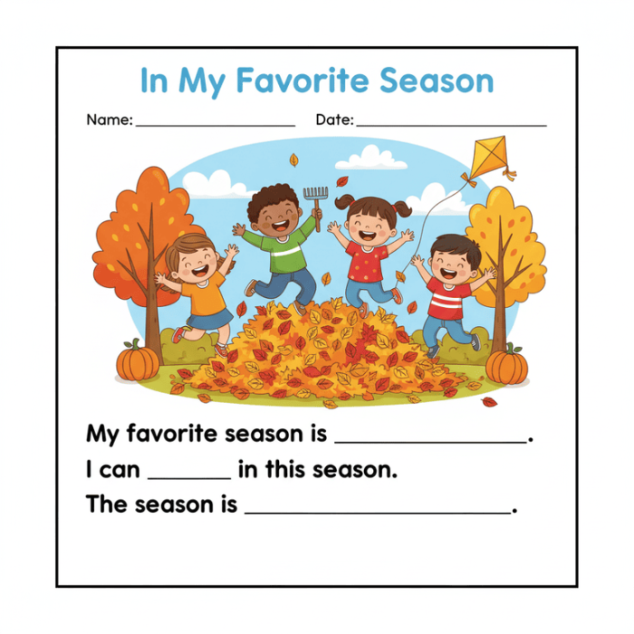 Third grade opinion writing worksheet featuring a creative prompt about favorite seasons