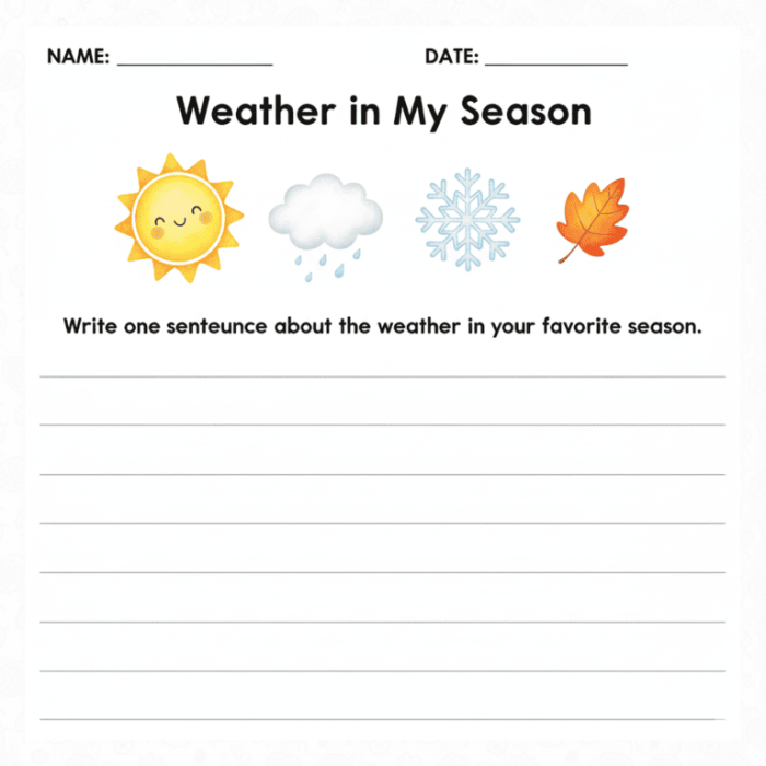 Third grade opinion writing worksheet featuring a My Favorite Season writing prompt with decorative seasonal borders